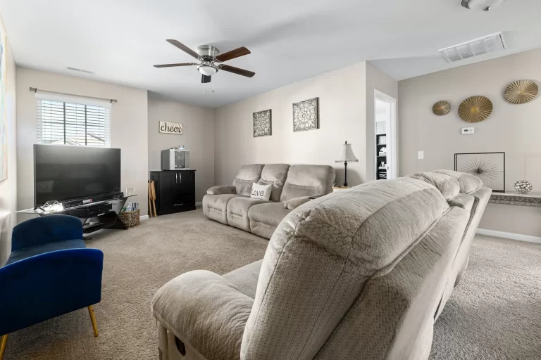 Living room with light carpet and upholstered sofas