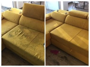 Before-and-after comparison of professionally cleaned upholstery fabric